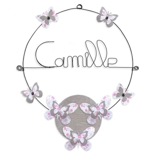 Prénom en fil de fer " Camille " coloré - Papillon rose - à punaiser - Bijoux de mur