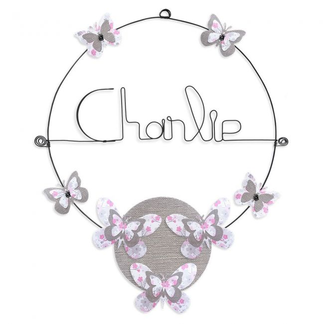 Prénom en fil de fer " Charlie " coloré - Papillon rose - à punaiser - Bijoux de mur