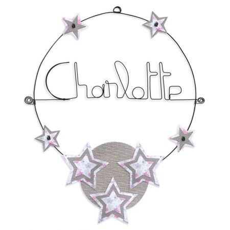 Prénom en fil de fer " Charlotte " coloré - Etoile rose - à punaiser - Bijoux de mur