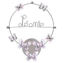 Prénom en fil de fer " Léonie " coloré - Papillon rose - à punaiser - Bijoux de mur