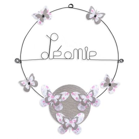 Prénom en fil de fer " Léonie " coloré - Papillon rose - à punaiser - Bijoux de mur