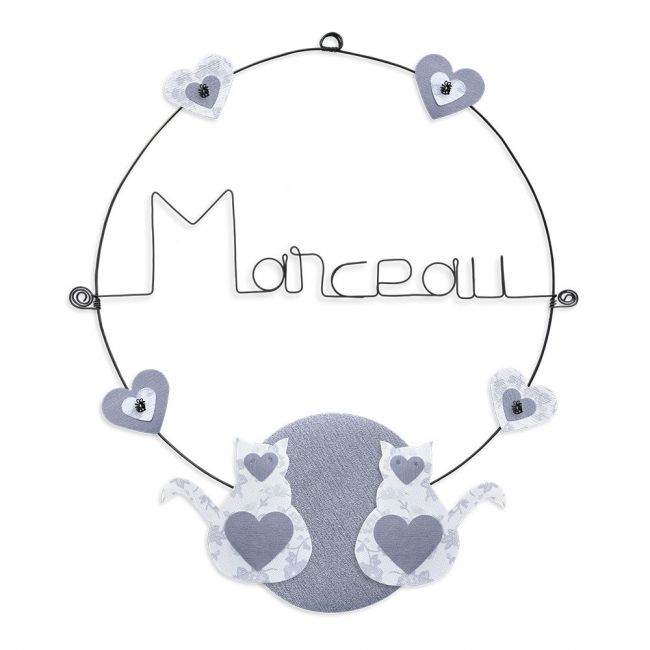 Prénom en fil de fer " Marceau " coloré - Chat blanc - à punaiser - Bijoux de mur