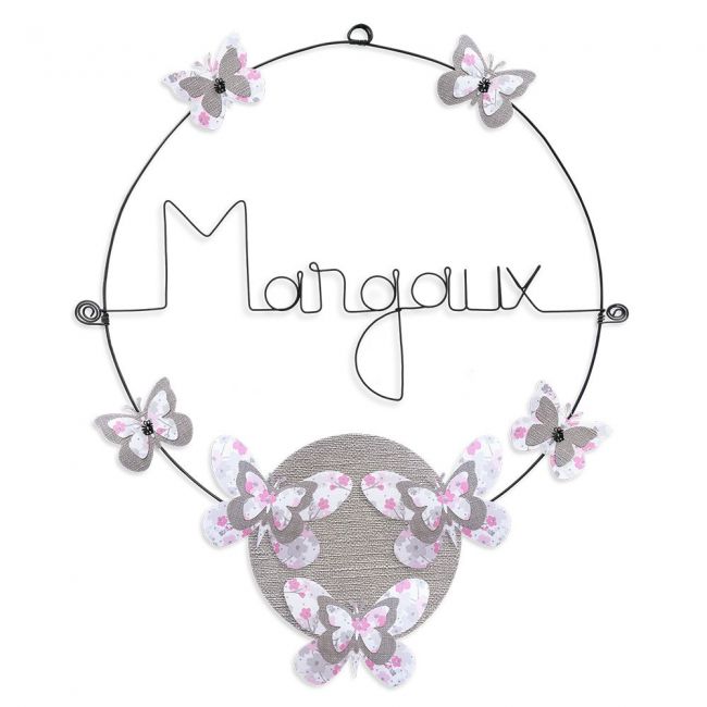 Prénom en fil de fer " Margaux " coloré - Papillon rose - à punaiser - Bijoux de mur