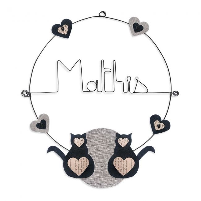 Prénom en fil de fer " Mathis " coloré - Chat noir - à punaiser - Bijoux de mur