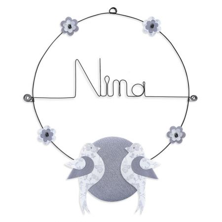 Prénom en fil de fer " Nina " coloré - Oiseau blanc - à punaiser - Bijoux de mur