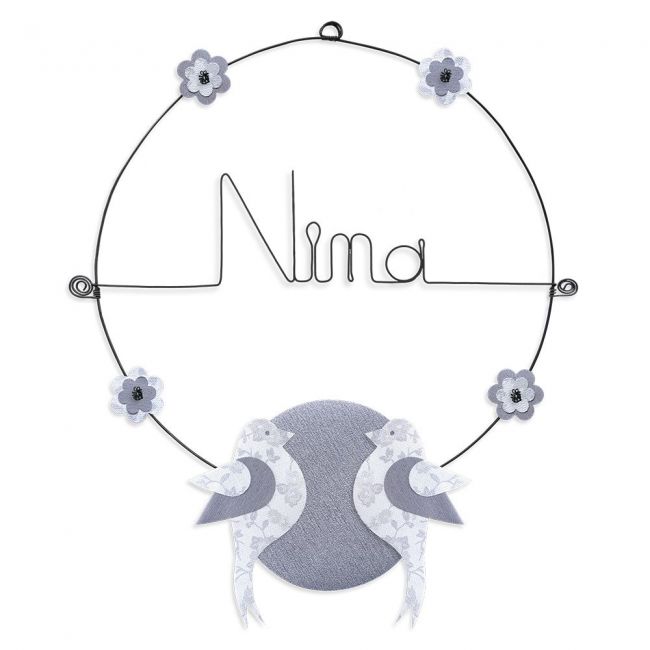 Prénom en fil de fer " Nina " coloré - Oiseau blanc - à punaiser - Bijoux de mur