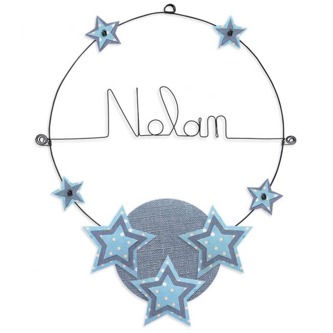 Prénom en fil de fer " Nolan " coloré - Etoile bleue - à punaiser - Bijoux de mur