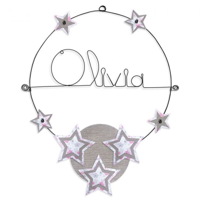 Prénom en fil de fer " Olivia " coloré - Etoile rose - à punaiser - Bijoux de mur
