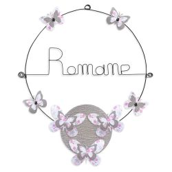 Prénom en fil de fer " Romane " coloré - Papillon rose- à punaiser - Bijoux de mur