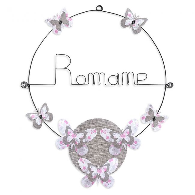 Prénom en fil de fer " Romane " coloré - Papillon rose- à punaiser - Bijoux de mur