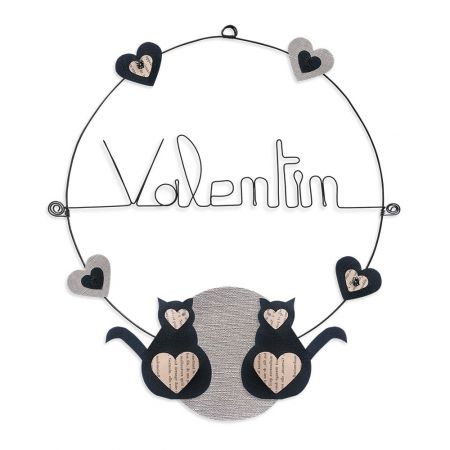 Prénom en fil de fer " Valentin " coloré - Chat noir - à punaiser - Bijoux de mur