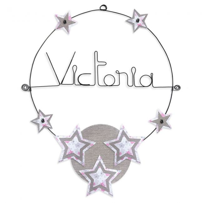 Prénom en fil de fer " Victoria " coloré - Etoile rose - à punaiser - Bijoux de mur