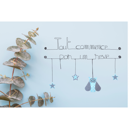 Citation colorée " Chouette - Bleu : Tout commence par un rêve " en fil de fer - à punaiser - Bijoux de mur