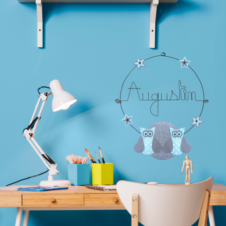 Prénom en fil de fer " Augustin " coloré - Chouette bleue - à punaiser - Bijoux de mur