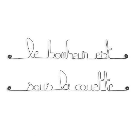 Citation " Le bonheur est sous la couette " en fil de fer - à punaiser - Bijoux de mur