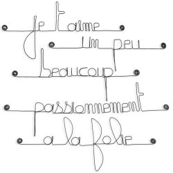 Citation " Je t'aime, un peu, beaucoup, passionnément, à la folie " en fil de fer - à punaiser - Bijoux de mur