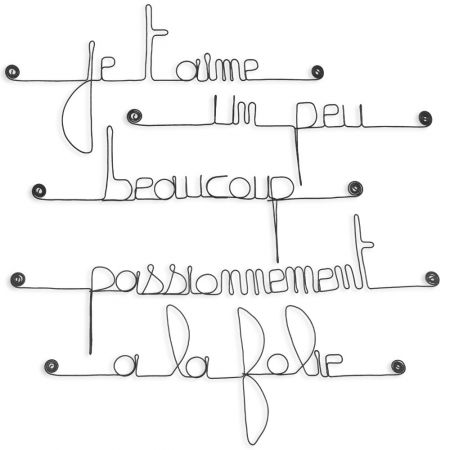 Citation " Je t'aime, un peu, beaucoup, passionnément, à la folie " en fil de fer - à punaiser - Bijoux de mur