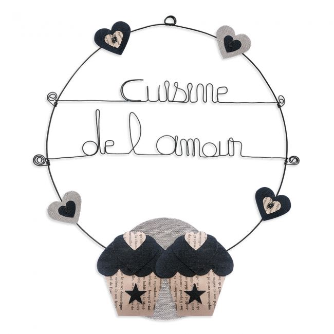 Message coloré " Cupcake - Noir : Cuisine de l'amour " en fil de fer - Grand - à punaiser - environ 37 x 44 cm - Bijoux de mur