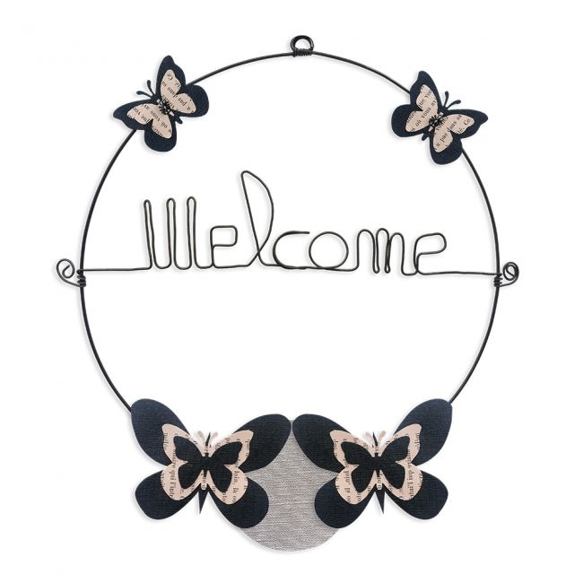 Message coloré " Papillon - Noir : Welcome " en fil de fer - Petit - à punaiser - environ 29 x 32 cm - Bijoux de mur