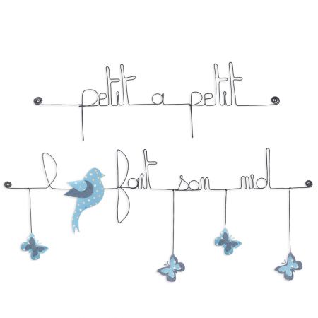 Citation colorée " Oiseau - Bleu : Petit à petit l'oiseau fait son nid " en fil de fer - à punaiser - Bijoux de mur