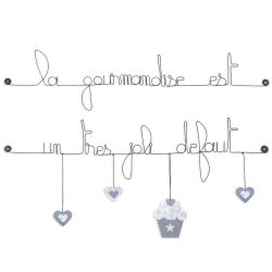 Citation colorée " Cupcake - Blanc : La gourmandise est un très joli défaut " en fil de fer - à punaiser - Bijoux de mur