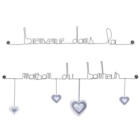 Citation colorée " Coeur - Blanc : Bienvenue dans la maison du bonheur " en fil de fer - à punaiser - Bijoux de mur