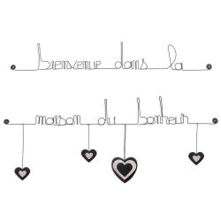 Citation colorée " Coeur - Noir : Bienvenue dans la maison du bonheur " en fil de fer - à punaiser - Bijoux de mur