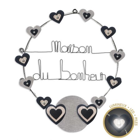 Message lumineux " Coeur - Noir : Maison du bonheur " en fil de fer - à punaiser - environ 40 x 45 cm - Bijoux de mur