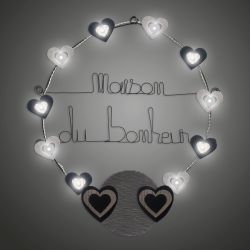 Message lumineux " Coeur - Noir : Maison du bonheur " en fil de fer - &agrave; punaiser - environ 40 x 45 cm - Bijoux de mur