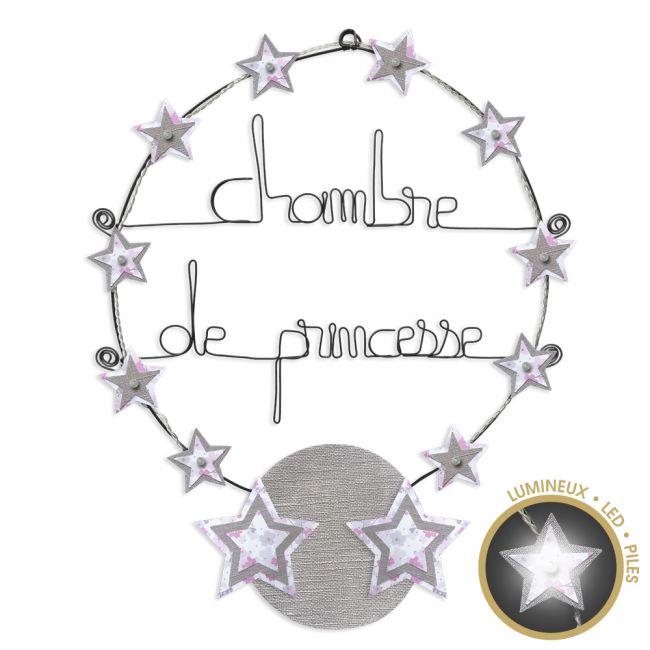 Message lumineux " Étoile - Rose : Chambre de princesse " en fil de fer - à punaiser - environ 40 x 45 cm - Bijoux de mur