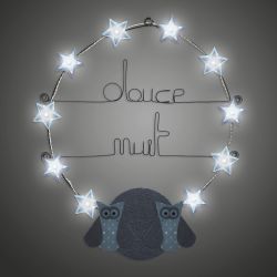 Message lumineux " Chouette - Bleu : Douce nuit " en fil de fer - &agrave; punaiser - environ 40 x 45 cm - Bijoux de mur