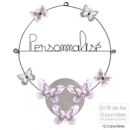 Message coloré personnalisable en fil de fer - 1 ligne - Papillon - Rose - environ 37 x 46 cm - Bijoux de mur