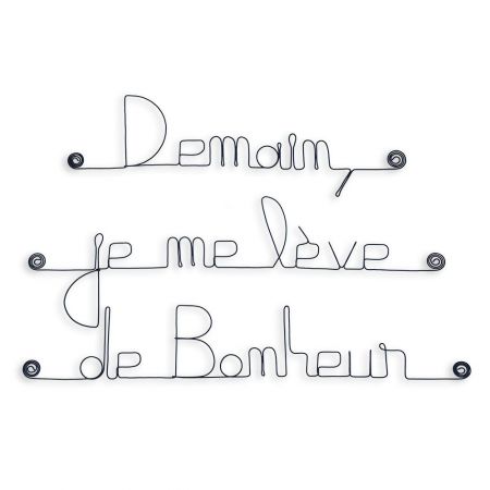 Message simple en fil de fer " Demain, je me lève de Bonheur " - à punaiser - Bijoux de mur