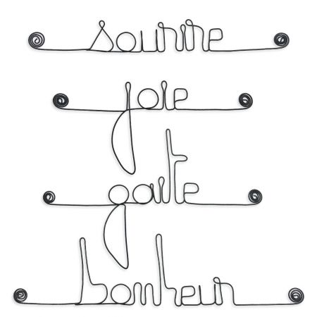 Lot de petits messages " BONHEUR : Bonheur, Gaité, Joie, Sourire " en fil de fer - à punaiser - Bijoux de mur