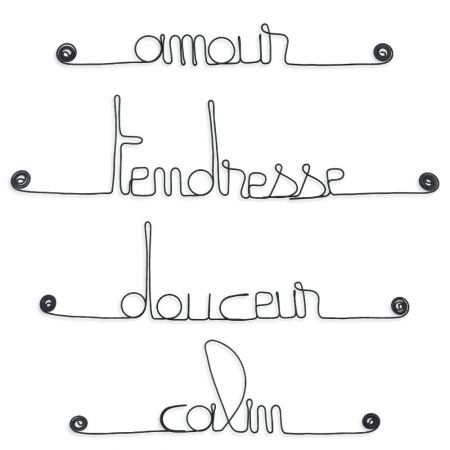 Lot de petits messages " NAISSANCE : Calin, Douceur, Tendresse, Amour " en fil de fer - à punaiser - Bijoux de mur