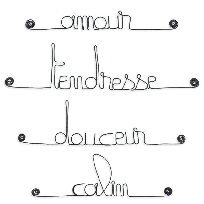 Lot de petits messages " NAISSANCE : Calin, Douceur, Tendresse, Amour " en fil de fer - à punaiser - Bijoux de mur