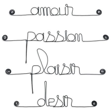 Lot de petits messages " AMOUR : Amour, Désir, Passion, Plaisir " en fil de fer - à punaiser - Bijoux de mur