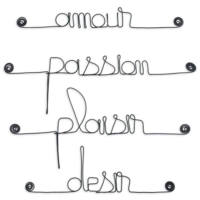 Lot de petits messages " AMOUR : Amour, Désir, Passion, Plaisir " en fil de fer - à punaiser - Bijoux de mur