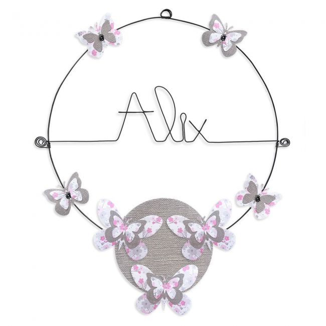 Prénom en fil de fer " Alix " coloré - Papillon rose - à punaiser - Bijoux de mur