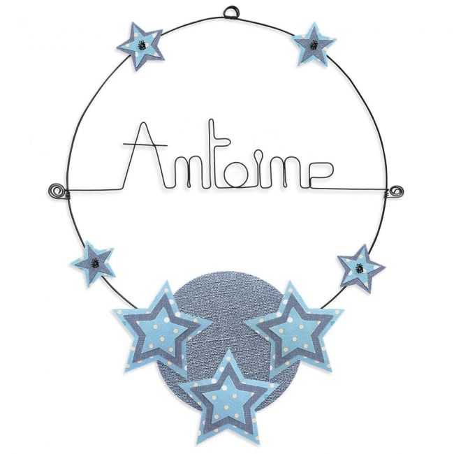 Prénom en fil de fer " Antoine " coloré - Etoile bleue - à punaiser - Bijoux de mur