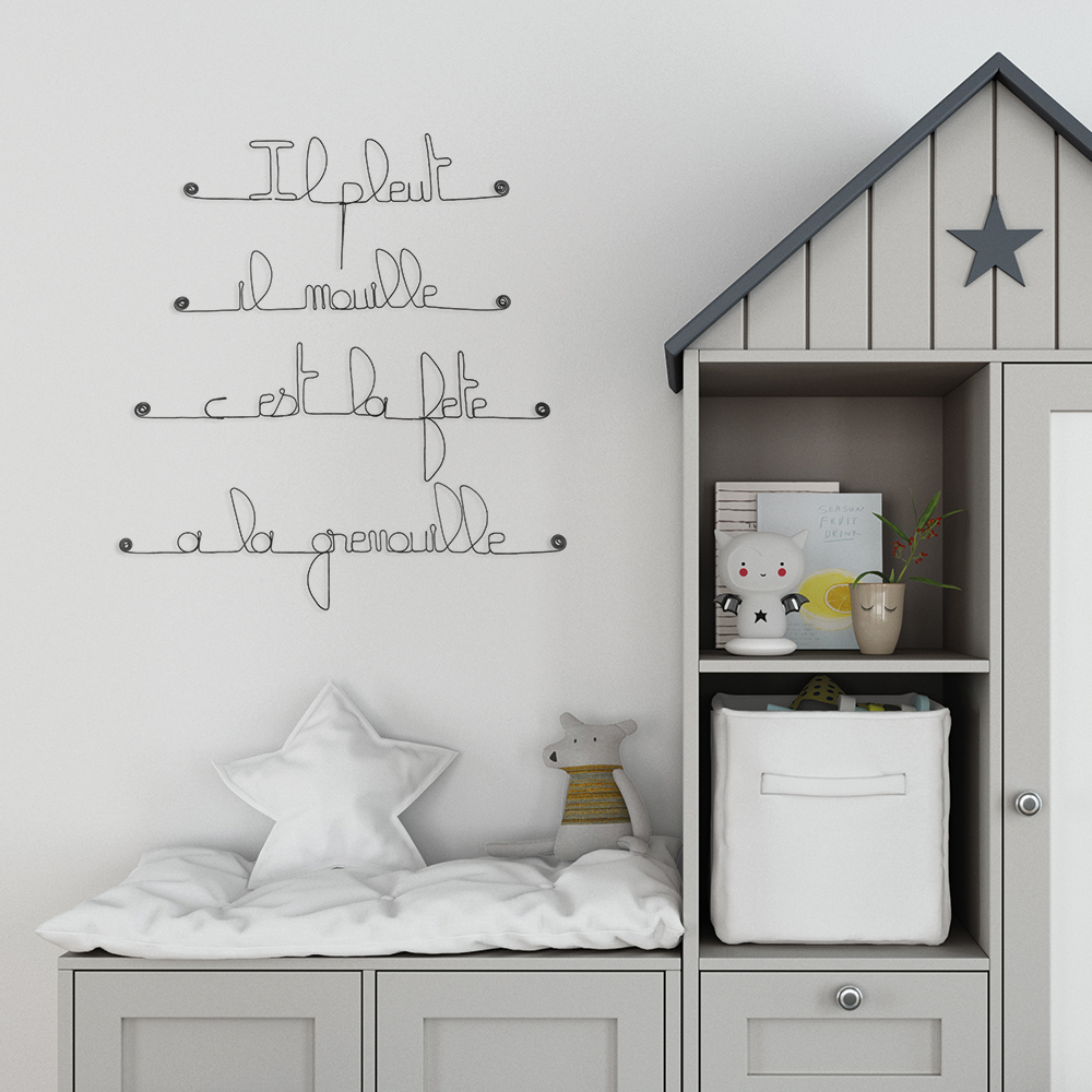 Citation en fil de fer " Il pleut, il mouille, c'est la fête à la grenouille " - à punaiser - Bijoux de mur